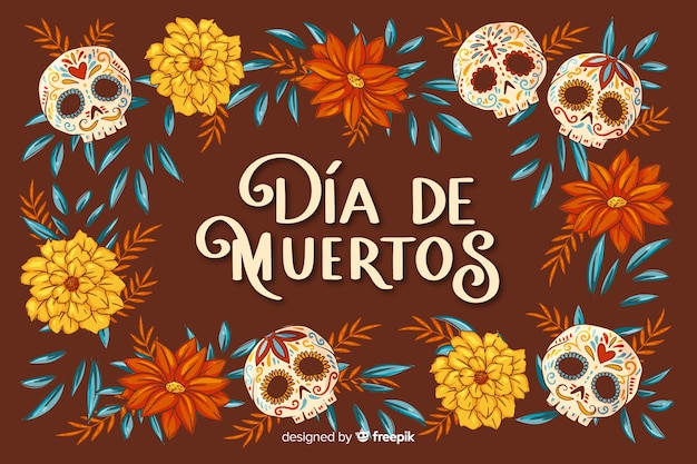 Free Vector flat día de muertos background and skull with flowers