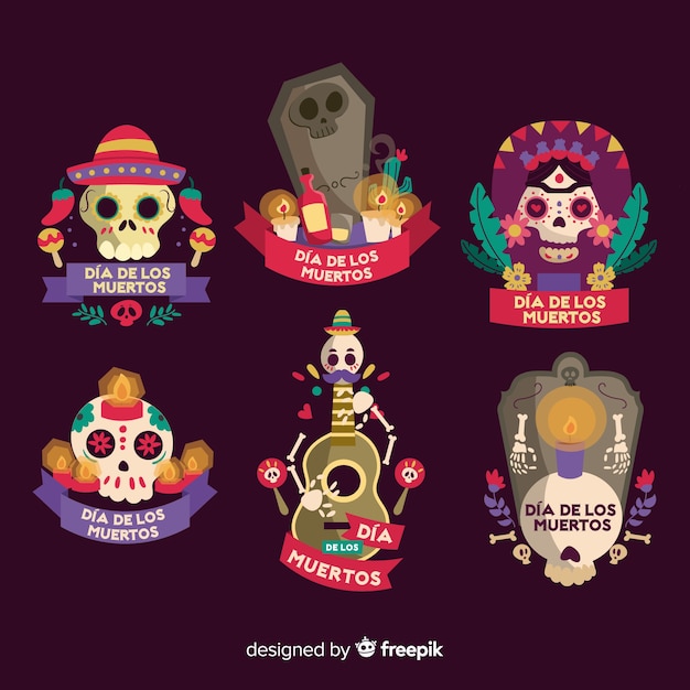 Flat día de muertos badge collection