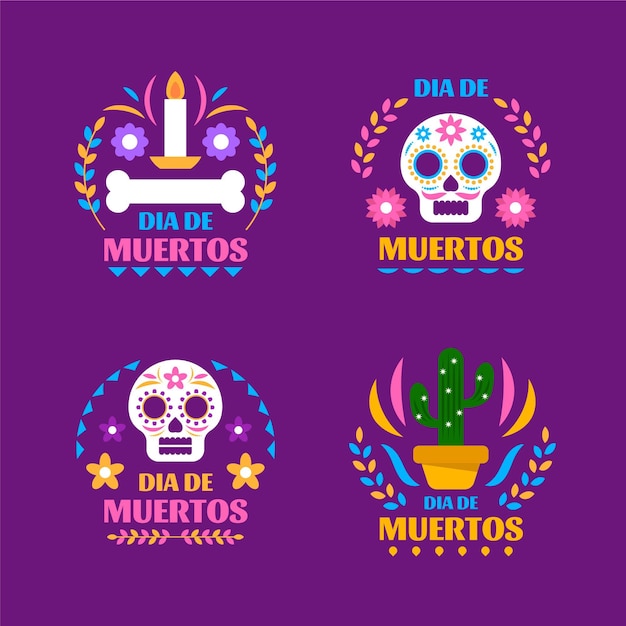 Flat dia de muertos badges collection