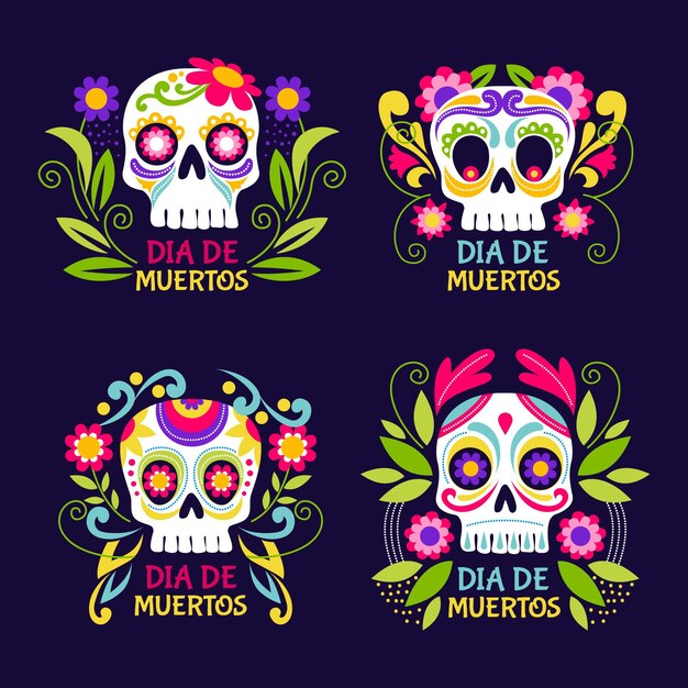 Flat dia de muertos badges collection