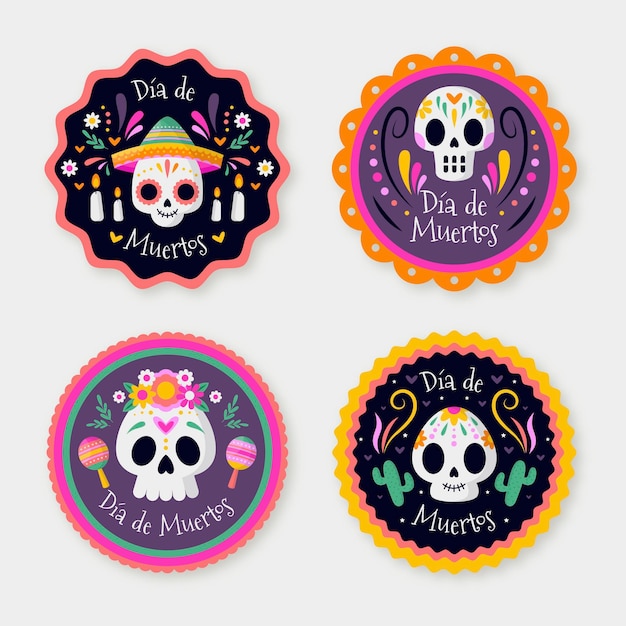 Flat dia de muertos badges collection