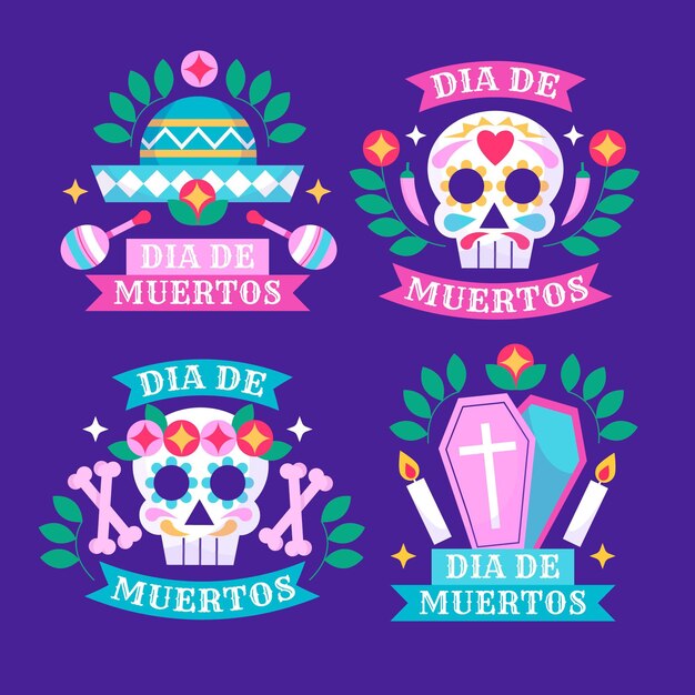 Flat dia de muertos badges collection