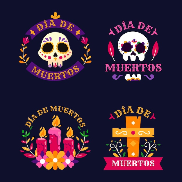 Flat dia de muertos badges collection