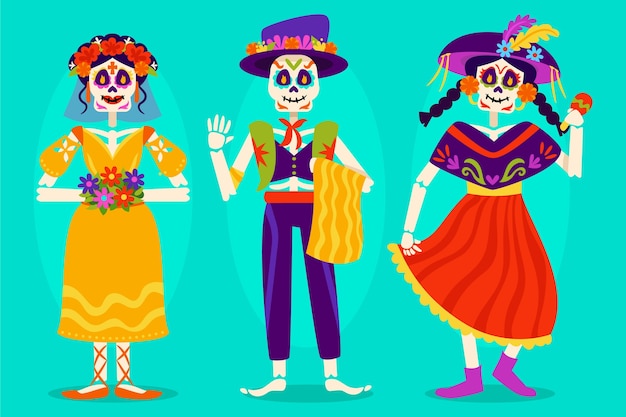 Free Vector flat dia de muertos celebration character elements collection