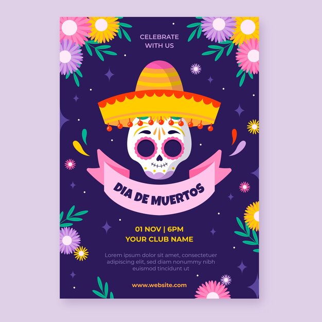 Flat dia de muertos celebration vertical poster template