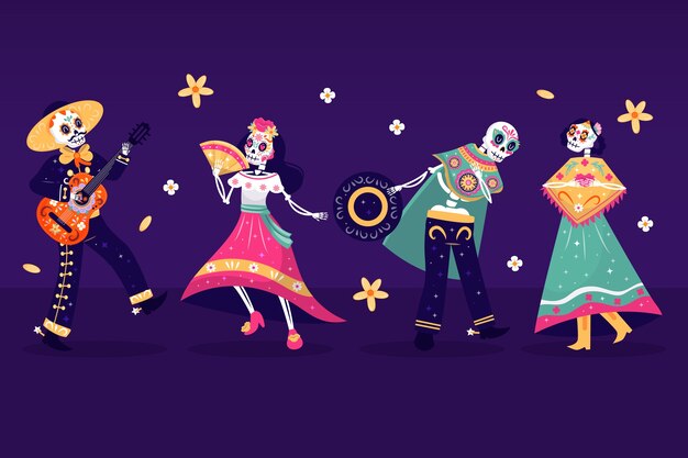 Flat dia de muertos character elements collection