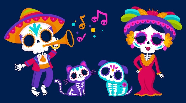 Flat dia de muertos character elements collection