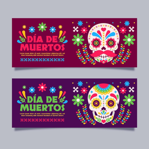 Flat dia de muertos horizontal banners set