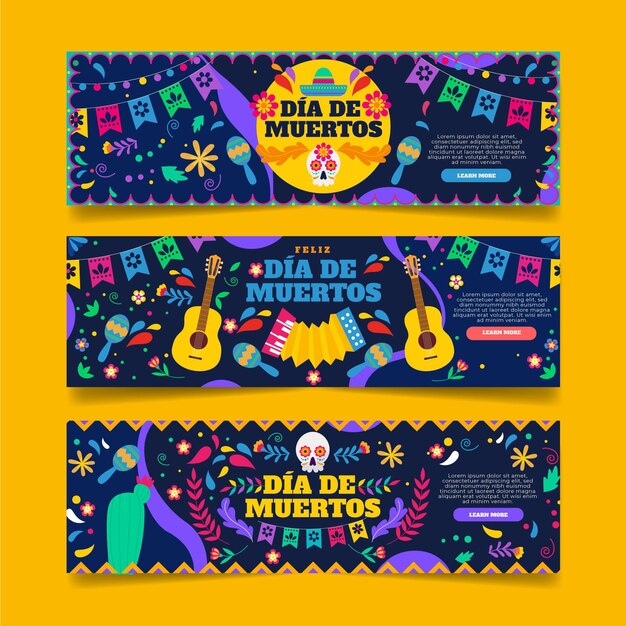 Flat dia de muertos horizontal banners set