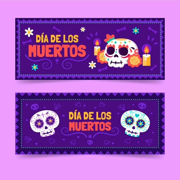 Flat dia de muertos horizontal banners set