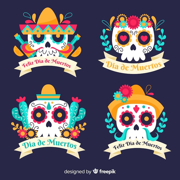 Flat día de muertos label collection