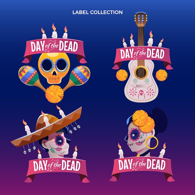 Free Vector flat dia de muertos labels collection