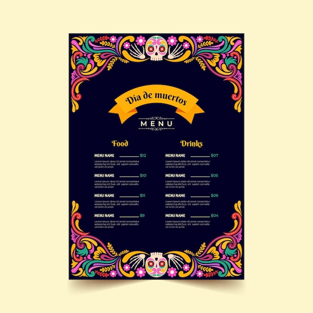 Flat dia de muertos menu template