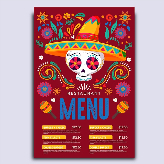 Flat dia de muertos menu template