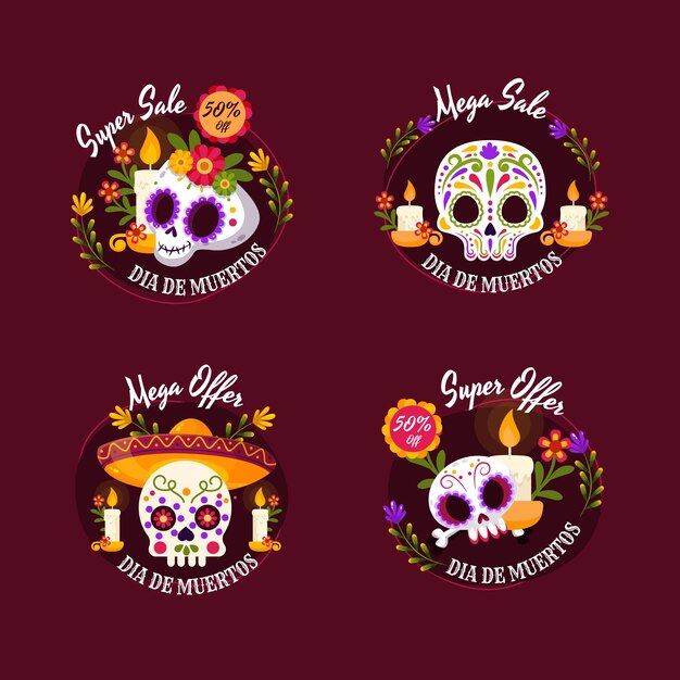 Flat dia de muertos sale labels collection