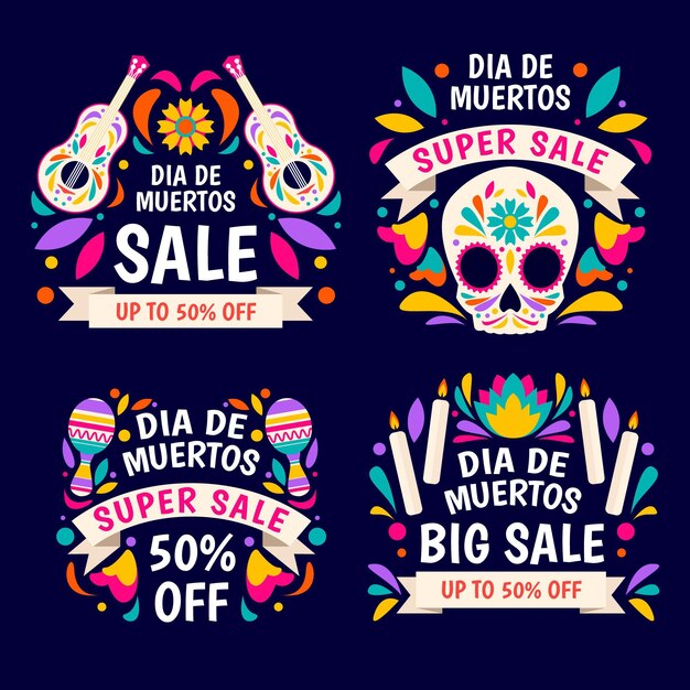 Flat dia de muertos sale labels collection