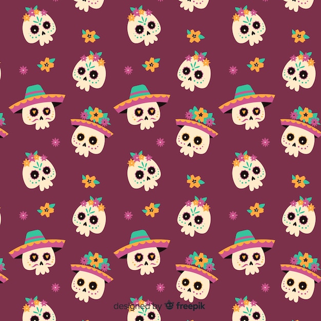 Flat día de muertos seamless skull pattern