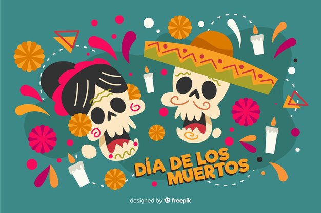 Flat día de muertos skull couple background