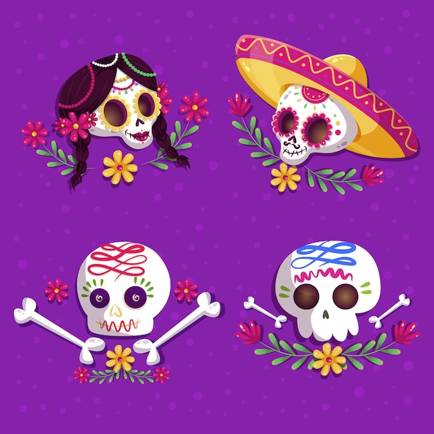 Flat dia de muertos skulls collection