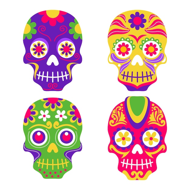 Flat dia de muertos skulls collection