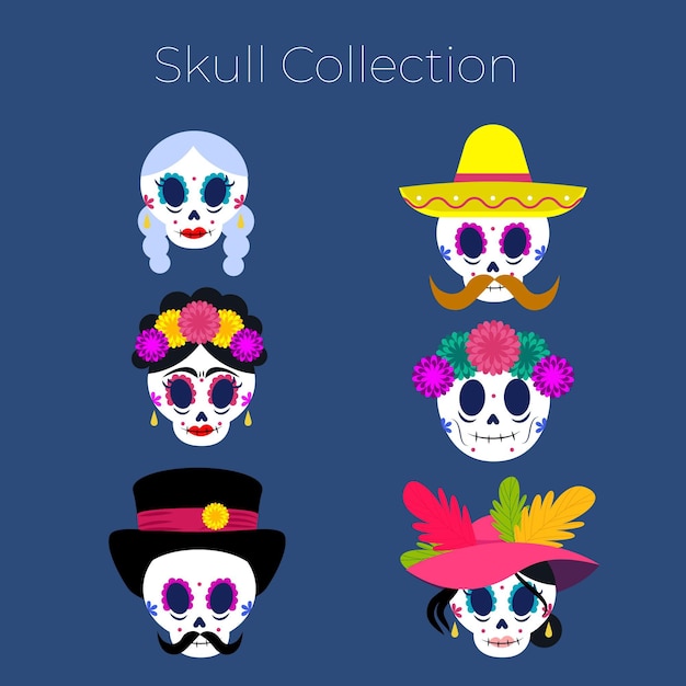 Free Vector flat dia de muertos skulls collection