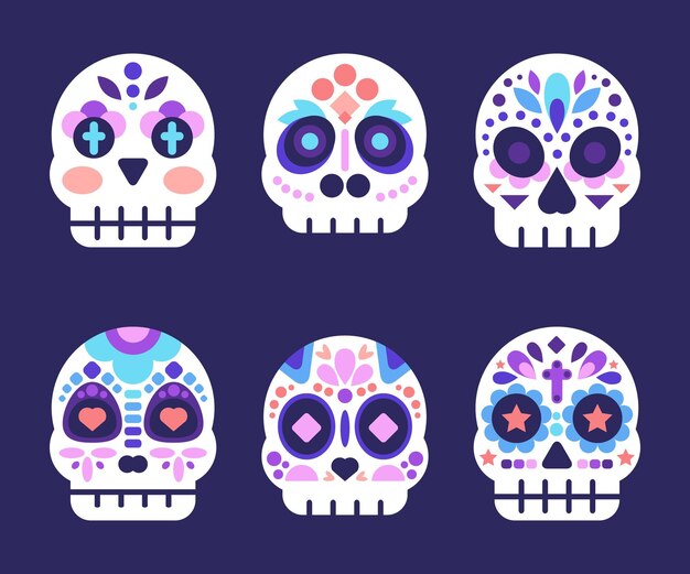 Flat dia de muertos skulls collection