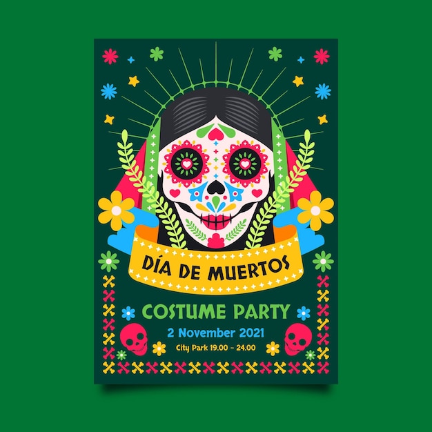 Flat dia de muertos vertical flyer template