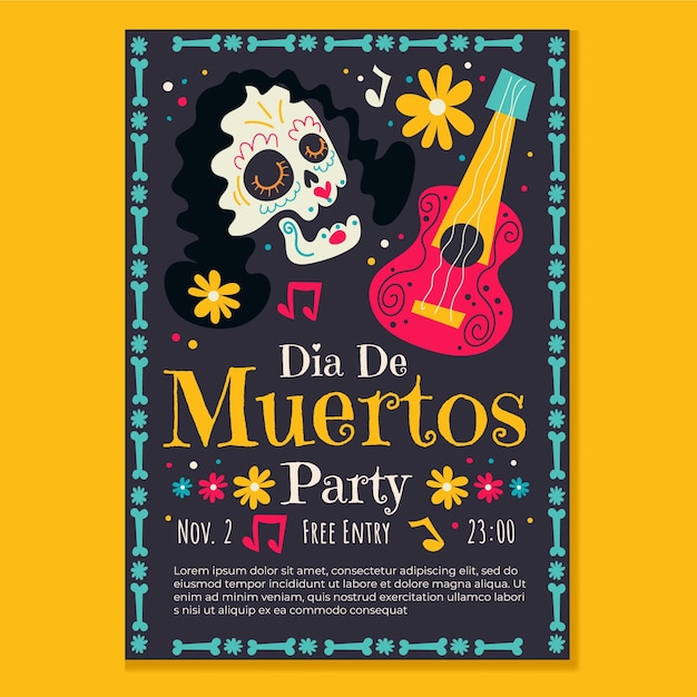 Flat dia de muertos vertical flyer template