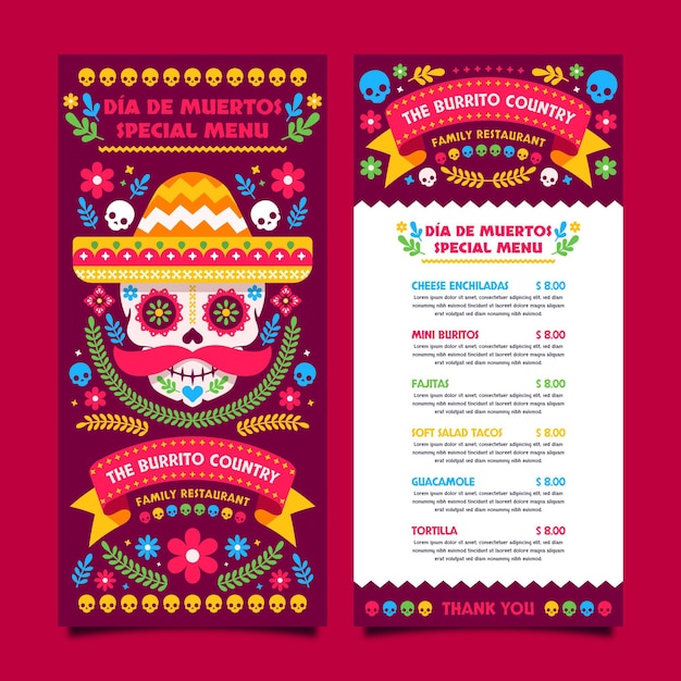 Flat dia de muertos vertical menu template