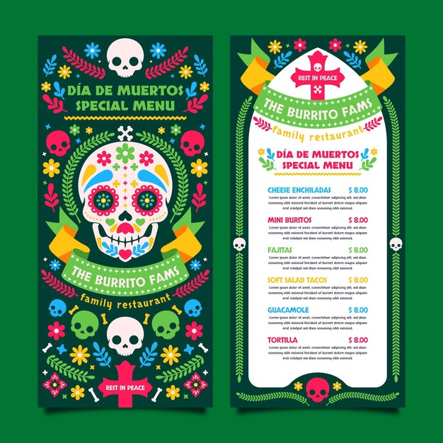 Flat dia de muertos vertical menu template