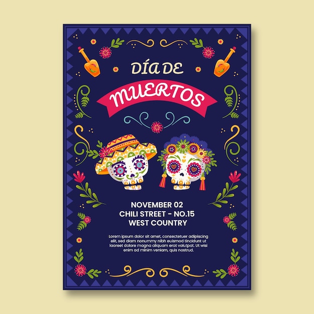 Flat dia de muertos vertical poster template