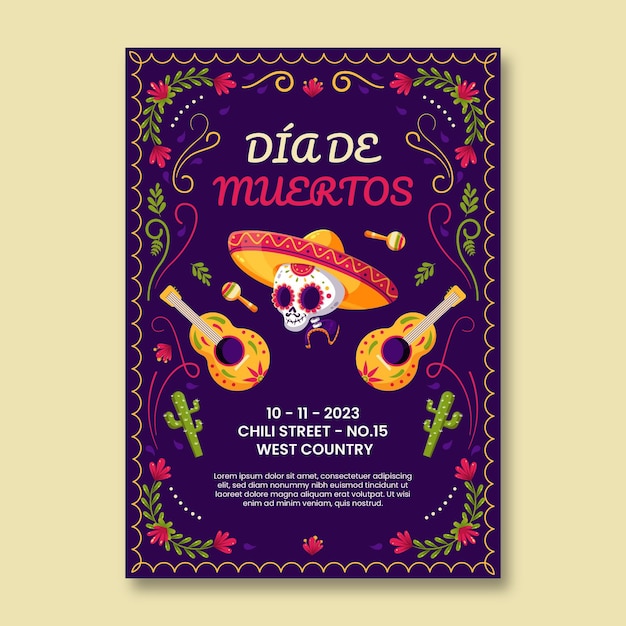 Flat dia de muertos vertical poster template