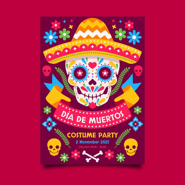 Flat dia de muertos vertical poster template