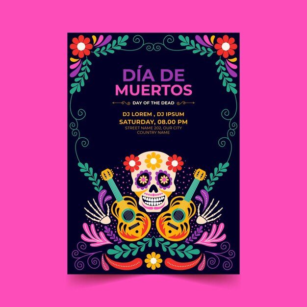 Flat dia de muertos vertical poster template