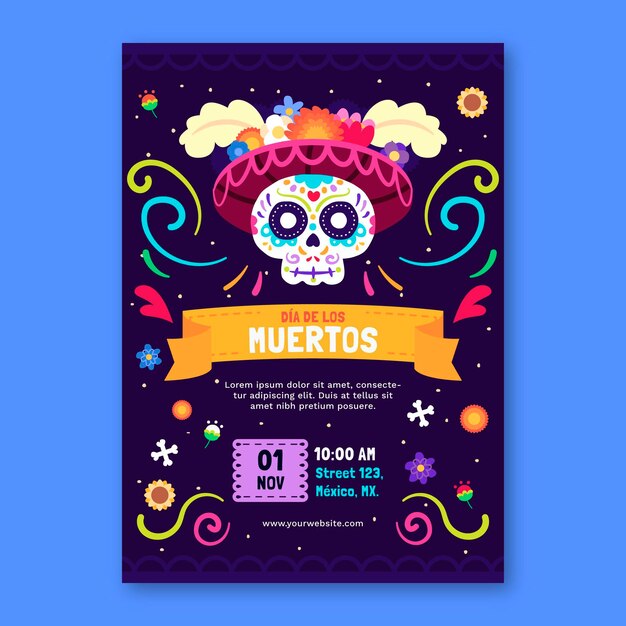 Flat dia de muertos vertical poster template