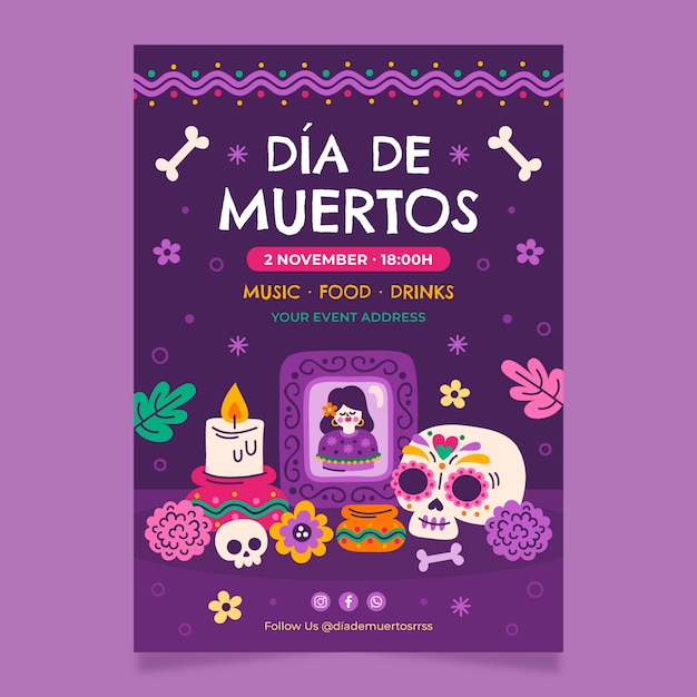 Flat dia de muertos vertical poster template