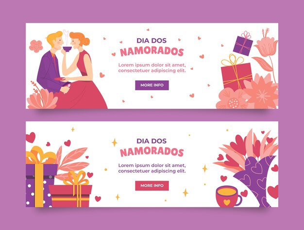 Flat dia dos namorados horizontal banners collection