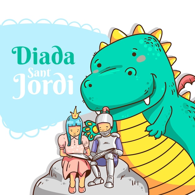 Flat diada de sant jordi illustration with dragon, knight and princess