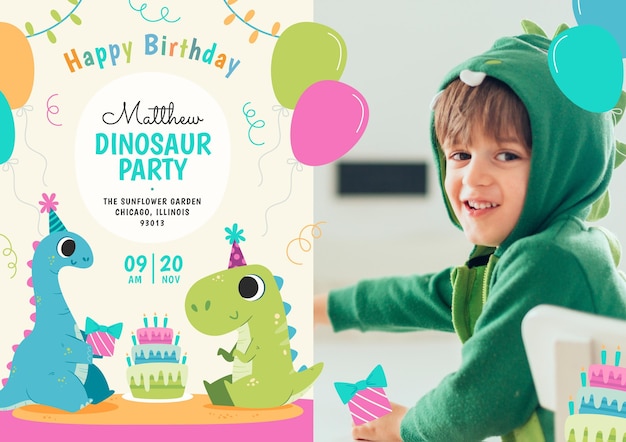 Free Vector flat dinosaur birthday invitation template with photo