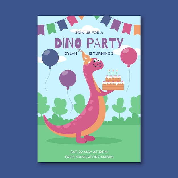 Flat dinosaur birthday invitation template