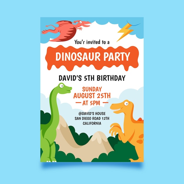 Free vector flat dinosaur birthday invitation template