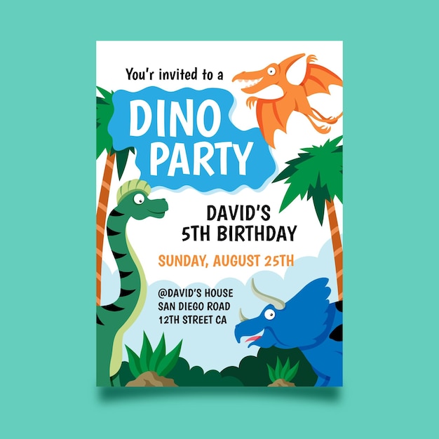 Flat dinosaur birthday invitation template