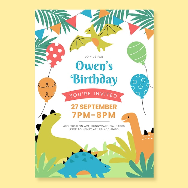 Flat dinosaur birthday invitation template