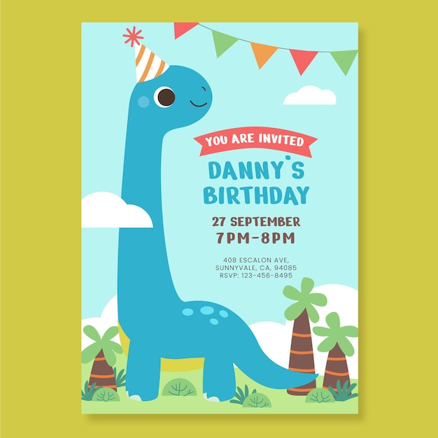 Free Vector flat dinosaur birthday invitation template