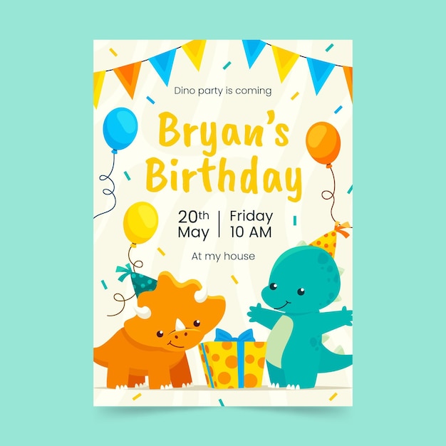 Flat dinosaur birthday invitation template