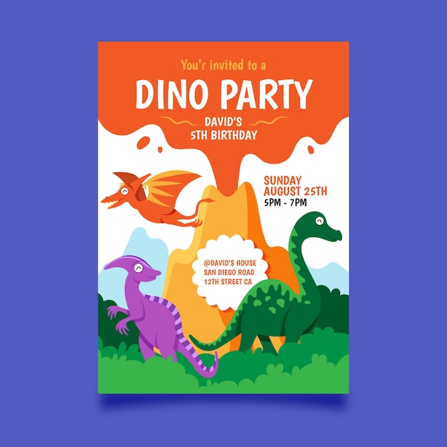 Free vector flat dinosaur birthday invitation template