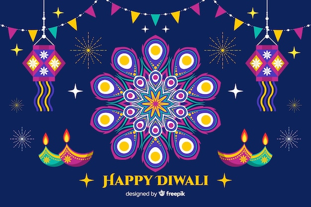 Flat diwali background with garlands and candles