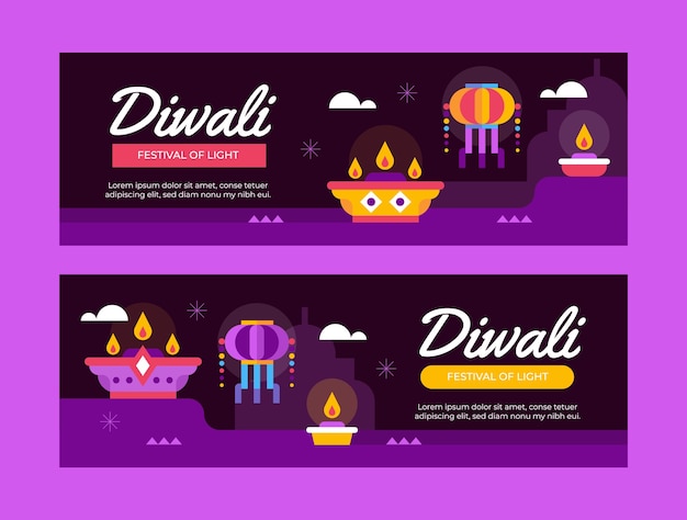 Free Vector flat diwali horizontal banners set