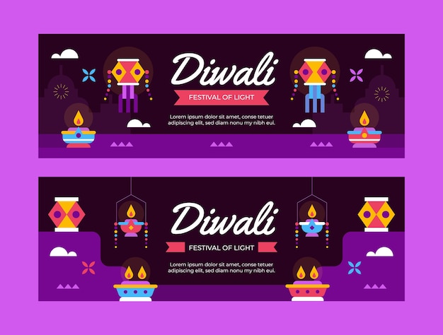 Free Vector flat diwali horizontal banners set