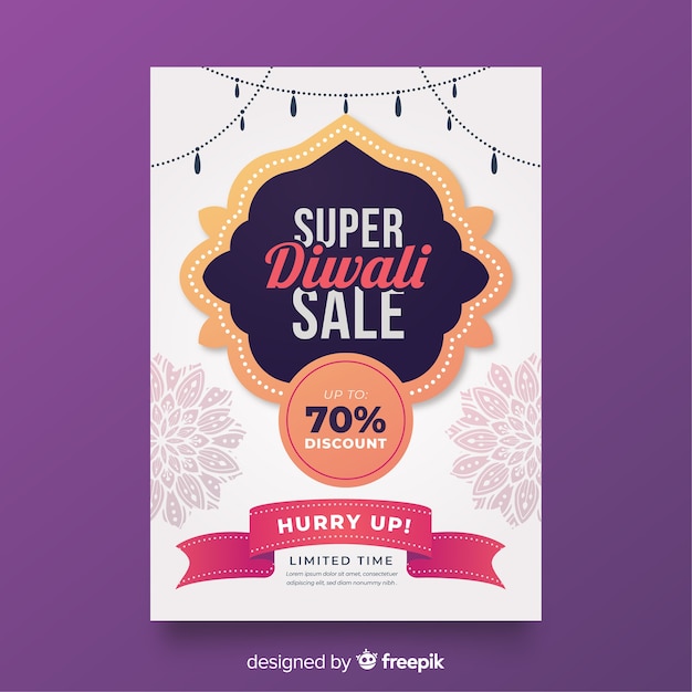 Free Vector flat diwali sale poster template with offers ribbon